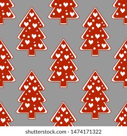 Seamless vector pattern with red Christmas trees decorated with white hearts, balls. Festive cover, packaging and wrapping background.