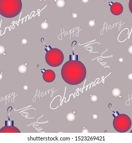 Seamless vector pattern with red Christmas balls and inscriptions New year, Christmas. Holiday, decoration, background, wrapping paper, fabric, textile
