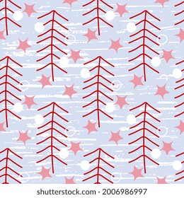 Seamless vector pattern with red Christmas trees and stars on a bluish background, textured. New Year's illustration for hoop, surface, packaging, postcards.
