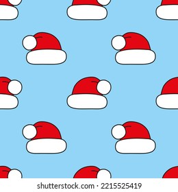 Seamless vector pattern. Red Christmas hats on blue. Christmas background for festive designs, textile print, wrapping, paper decorations, decors, banners, cards, and invitations.