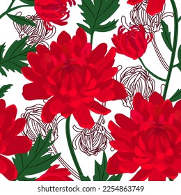 Seamless vector pattern with red Chrysanthemum flowers. Flower bouquet on a white background. EPS 10.
