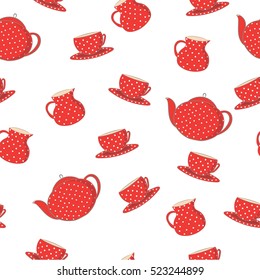Seamless vector pattern. Red color with white polka dots set of tea dishes which includes cup, saucer, milk jug and teapot on the light background.