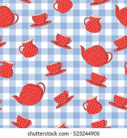 Seamless vector pattern. Red color with white polka dots set of tea dishes which includes cup, saucer, milk jug and teapot on the light blue stripped background.