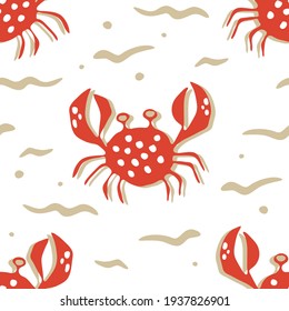 Seamless vector pattern with red crabs on white background. Simple sea life wallpaper design. Decorative underwater fashion textile.