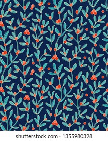 Seamless vector pattern with red cranberry  berries on dark blue background