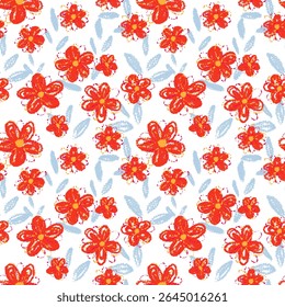Padrão de vetor sem costura com flores vermelhas estilo crayon e folhas azuis em um fundo branco. Design lúdico e vívido para crianças, têxteis, papel de embrulho, tema de verão e primavera