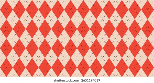 Seamless vector pattern red cream argyle diamond dotted background geometric decorative Christmas textile festive print traditional winter knitting style holiday sweater retro classic