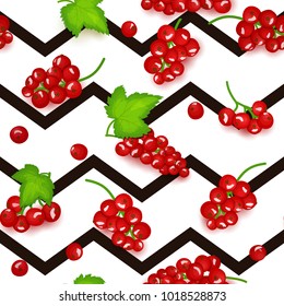 Seamless vector pattern of red currant fruit. Striped zig zag background with red currant berries for design of food packaging juice breakfast, cosmetics, tea, detox.