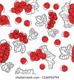 Seamless vector pattern of red currant fruit. White background with red currant berries. Best for design of food packaging juice breakfast, cosmetics, tea, detox