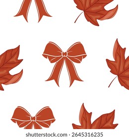 Seamless vector pattern with red decorative bows and autumn leaves for Canada Day on a white background
