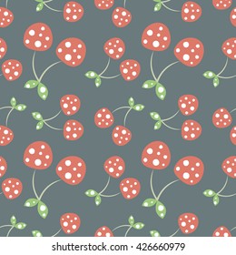 Seamless vector pattern with red decorative ornamental cherries on the blue background. Repeating ornament. Series of Fruits and Vegetables Seamless Patterns.