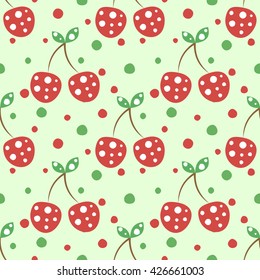 Seamless vector pattern with red decorative ornamental cherries on the light background. Repeating ornament. Series of Fruits and Vegetables Seamless Patterns.