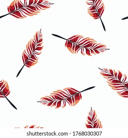 Seamless vector pattern with red feathers on white background. Gentle abstract wallpaper design. Simple elegant fashion fabric.