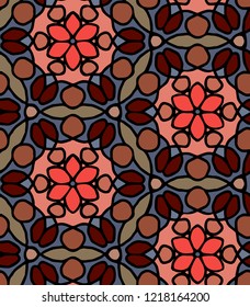 Seamless vector pattern with red flowers, brown seeds and floral ornament.
Hand drawn seamless pattern.