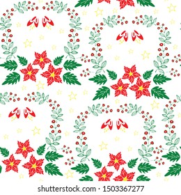 Seamless vector pattern with red flowers and stars on white background. Christmas poinsettias wallpaper design. Holiday fashion textile.