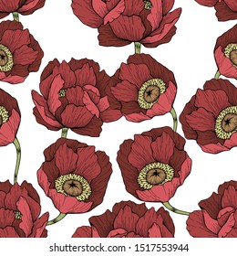 Seamless vector pattern with red flowers for design of surfaces, textiles, wallpaper, wrapping paper.