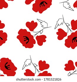 Seamless vector pattern with red flowers poppies. Floral art continuous illustration. Hand drawn art modern