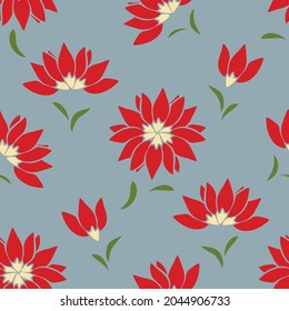 Seamless vector pattern with red flowers on grey background. Simple floral wallpaper design. Decorative romantic blossom fashion textile.