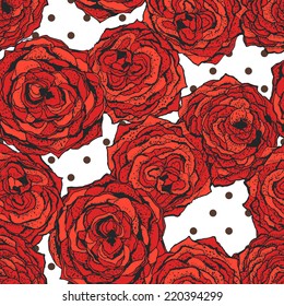 Seamless vector pattern with red flowers and dots