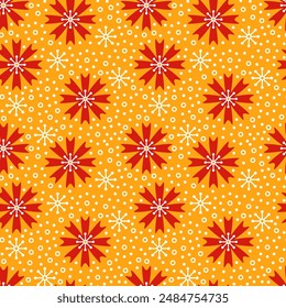Seamless vector pattern with red flowers on a yellow background. Bright floral print for textiles, wallpaper, covers, fabrics, wrapping and other surfaces.