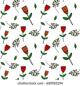 Seamless vector pattern with red flowers. Kids style. Design for textile, wrapping and wallpapers. Fabric background. White backdrop.