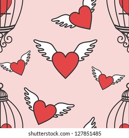 seamless vector pattern with red flying hearts  and  birdcages on pink