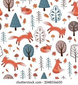 Seamless vector pattern of red foxes in the forest, leaves and mushrooms. Stylized cute foxes on a white background. A great print for children, interior design, gift packaging, fabrics