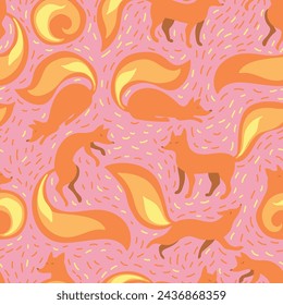 Seamless vector pattern of red foxes on a pink background. Cute hand-drawn foxes in a flat style. The tail is stylized as a flame. A fiery tail. Funny stylized chanterelles for your design.