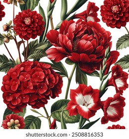 Seamless vector pattern with red garden flowers isolated on a changeable background. Vintage painting style illustration.