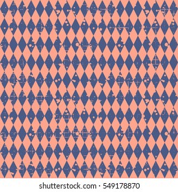 Seamless vector pattern. Red geometric checkered background with rhombus. Grunge texture with attrition, cracks. Old style vintage design. Graphic illustration