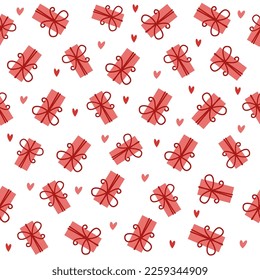 Seamless vector pattern. Red gift boxes, hearts. Background for Valentine's Day 