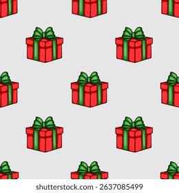 Seamless vector pattern of red gift boxes with green bows, perfect for festive Christmas or holiday designs, offering a playful and joyful aesthetic.