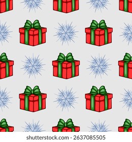 Seamless vector pattern with red gift boxes and stylized snowflakes, perfect for festive winter design projects.