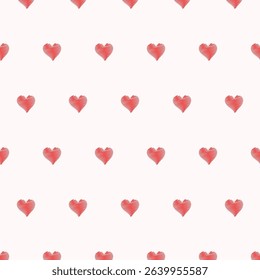 Seamless vector pattern with red hand-drawn hearts on light pink background. Romantic and minimalist design for packaging, gift wrap, fabric prints, greeting cards, wedding decor, and digital 