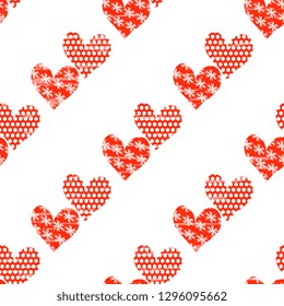 Seamless vector pattern with red hearts, white flowers on a white background made from handwork. Illustrations with old antique structure. Beautiful tile, film, cover, textile, postcard, wallpaper.