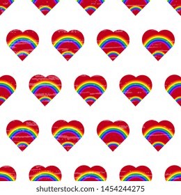 Seamless vector pattern of red hearts with rainbows on a white backdrop. Gay fashion illustration for packaging, surface, fabric design.
