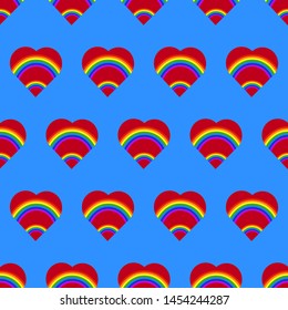 Seamless vector pattern of red hearts with rainbows on a blue backdrop. Gay stylish illustration for packaging, surface, fabric design.
