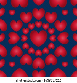 Seamless vector pattern of red hearts on a blue background Idea for cover, Wallpaper, wall, fabric, cover.  Valentine day, wedding, love. Romantic ornament.