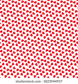 Seamless vector pattern with red hearts scattered on a white background, artistic. Vector bright festive illustrations for textiles, surfaces, packaging design.
