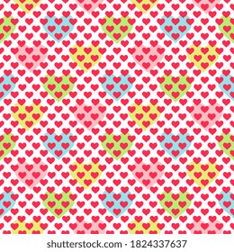 Seamless vector pattern with red hearts on top of multi-colored hearts on a white background. The illustration is festive. Beautiful wrapper, cover, textile, postcard, wallpaper design.