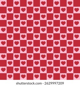 Seamless vector pattern with red hearts and squares. Geometric repeating gingham pattern, pink striped texture. 