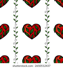 Seamless vector pattern of red hearts entwined with green leaves and vertical vine borders, creating a romantic and nature-inspired design.