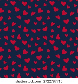 Patrón de Vector sin fisuras con corazones rojos sobre un fondo azul oscuro. Repetición lúdica romántica para la tela, el Fondo de pantalla, el papel de embalaje, las tarjetas, los textiles y la decoración de los diseños temáticos de San Valentín