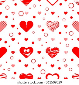 seamless vector pattern with red hearts on a white background.