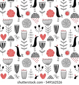 Seamless vector pattern with red hearts,flowers and funny black birds