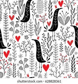 Seamless vector pattern with red hearts,flowers and black birds in crowns
