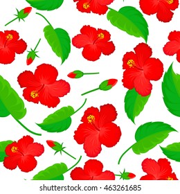 Seamless vector pattern of red hibiscus and green leaf on white background.