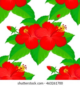 Seamless vector pattern of red hibiscus and green leaf on white background.