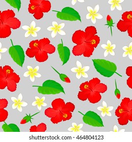 Seamless vector pattern of red hibiscus with green leaf and white plumeria on gray background.