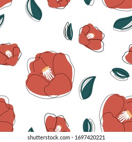 Seamless vector pattern of red Japanese camellias and petals on a white background. Hand-drawn flowers. Template for typography.